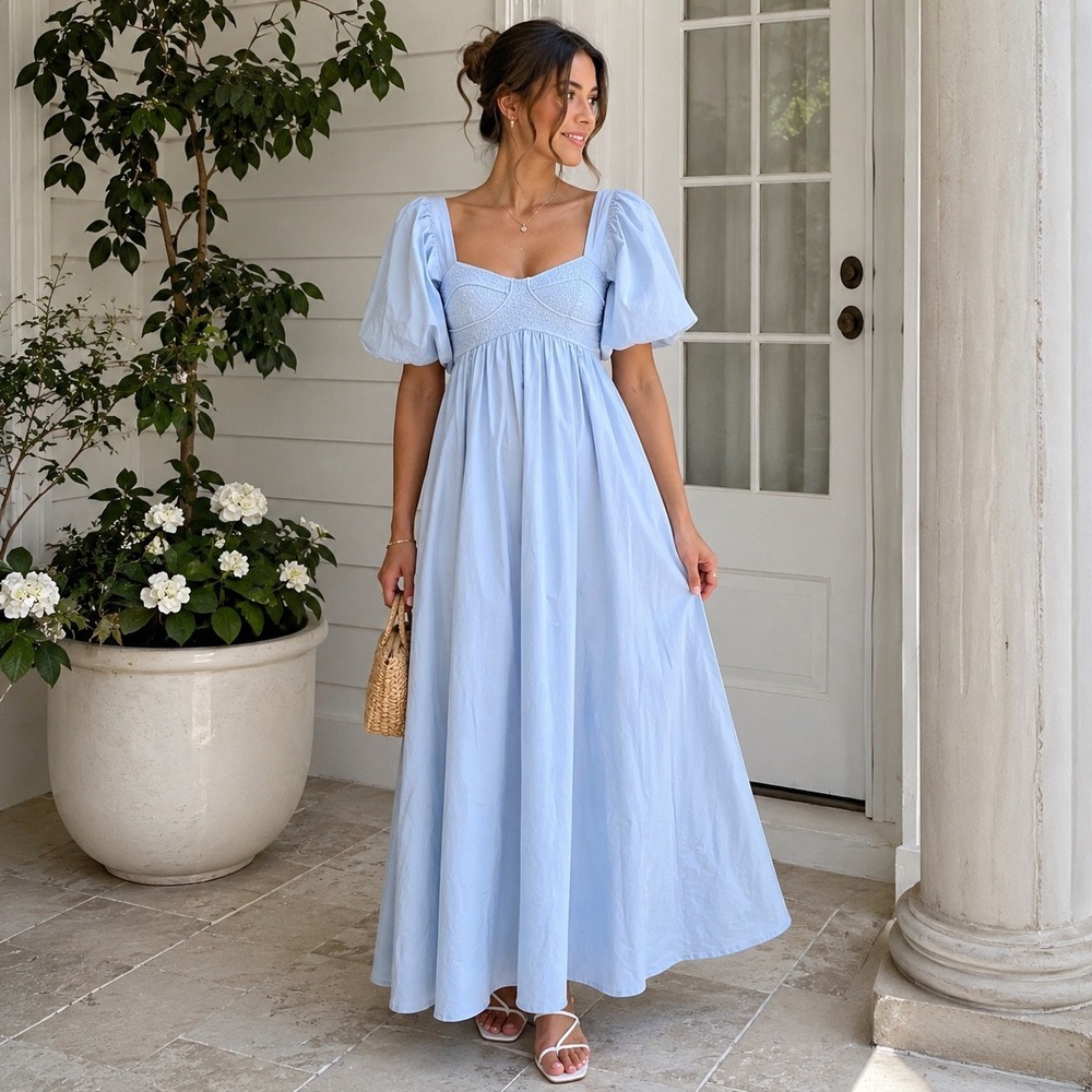 Sofie The Label Medium Light Blue Puff Sleeve Maxi Dress Cottagecore Prairie
